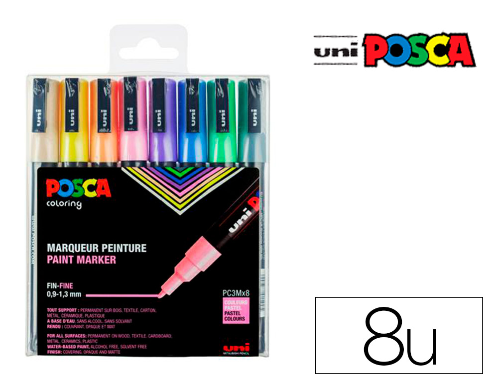 Posca Etui met 8 Markers met conische punt fijn, Beige - Geel - Roze Zalm - Lichtroze - Lilas - Lichtblauw- Lichtgroen- Grijs