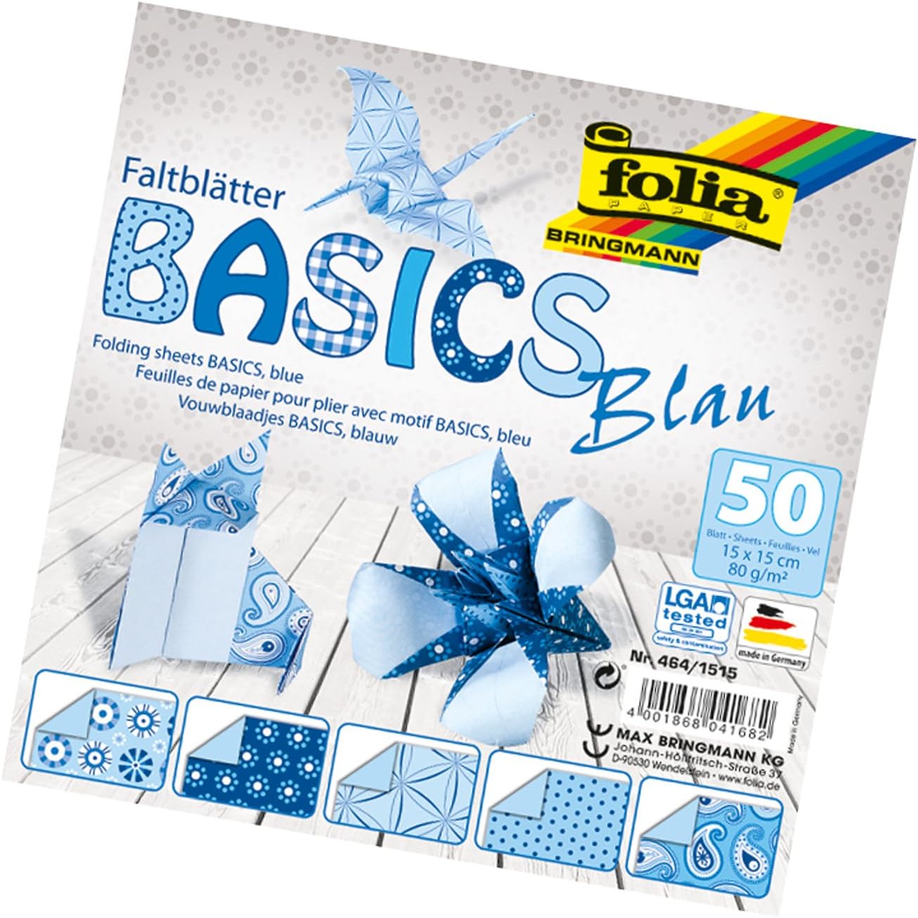 Folia Origami Vouwbladen 15x15cm 5 Motieven Blauw 50vel. 80gr.
