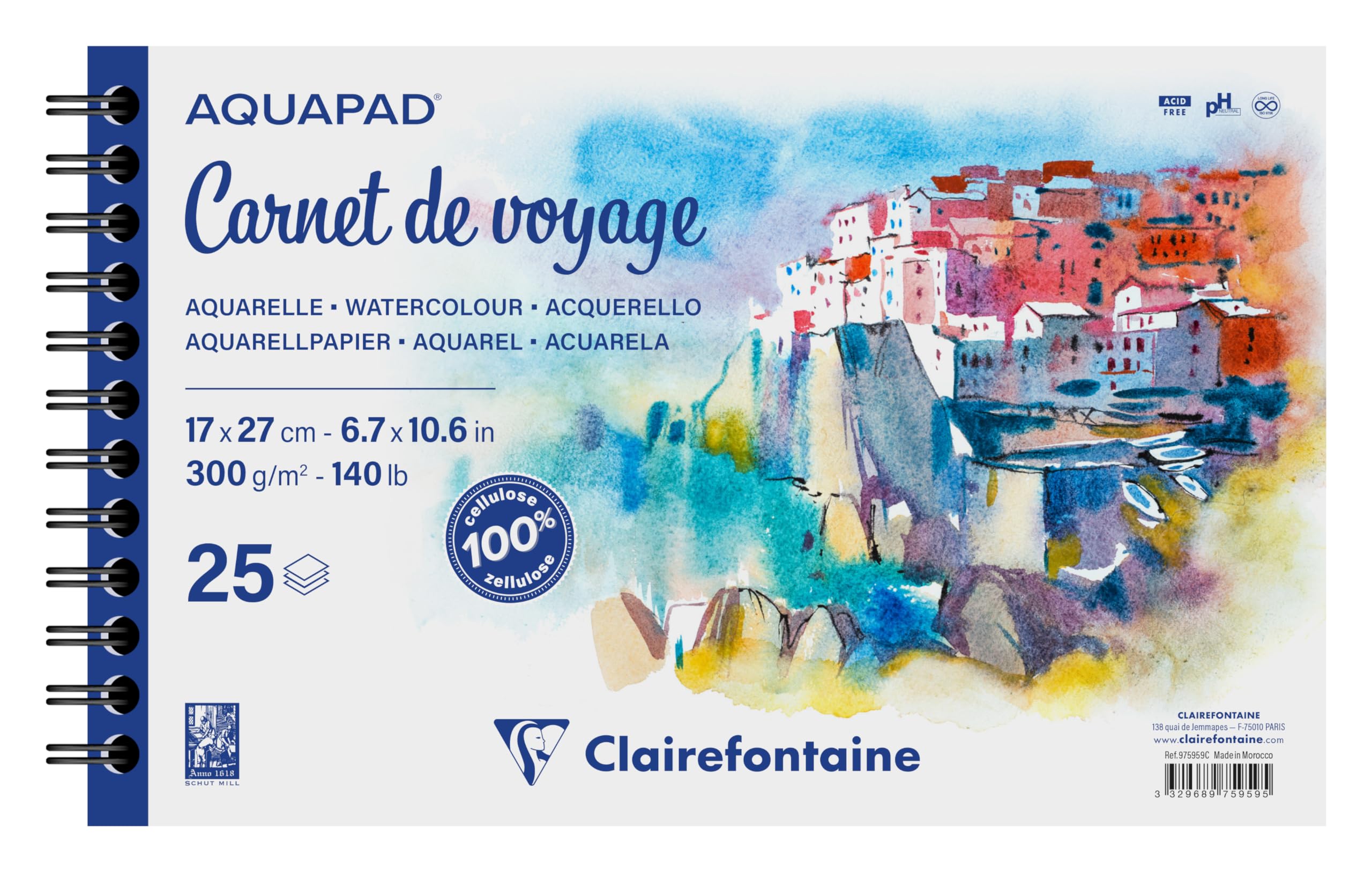 Clairefontaine Aquarelpapier Spiraal Album 25vel 17x27cm medium fine grain