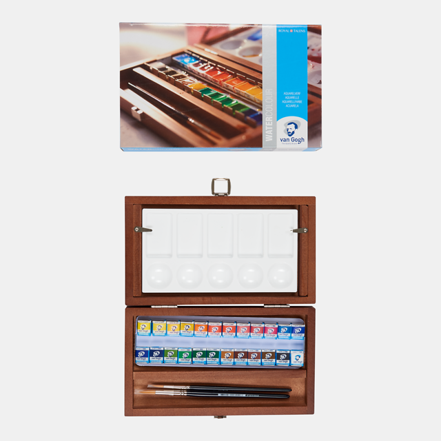 Van Gogh Aquarelverf set in kist met 24 kleuren in halve Napjes + 3 accessoires