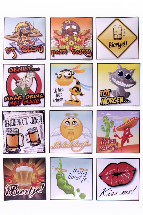 Funny stickers 12 assorti 10x10 cm.