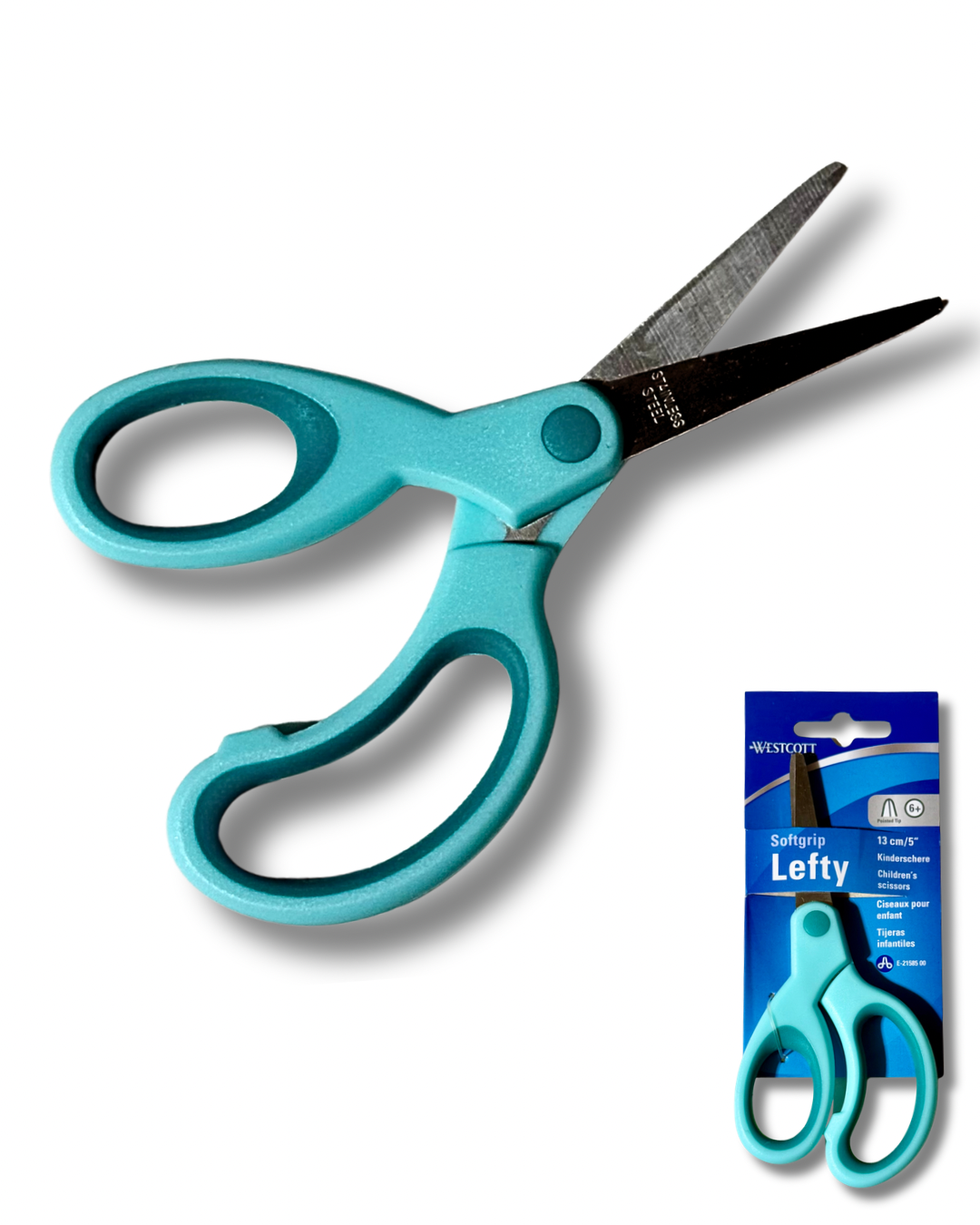 Schaar Westcott Kids 13cm soft grip linkshandig spitse punt turquoise