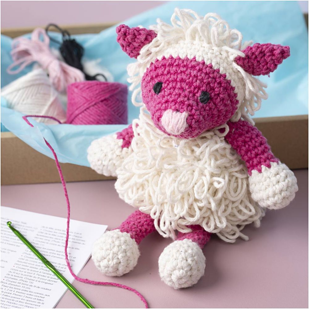 Haakset Amigurumi, Schaap, roze, off white - Afbeelding 1