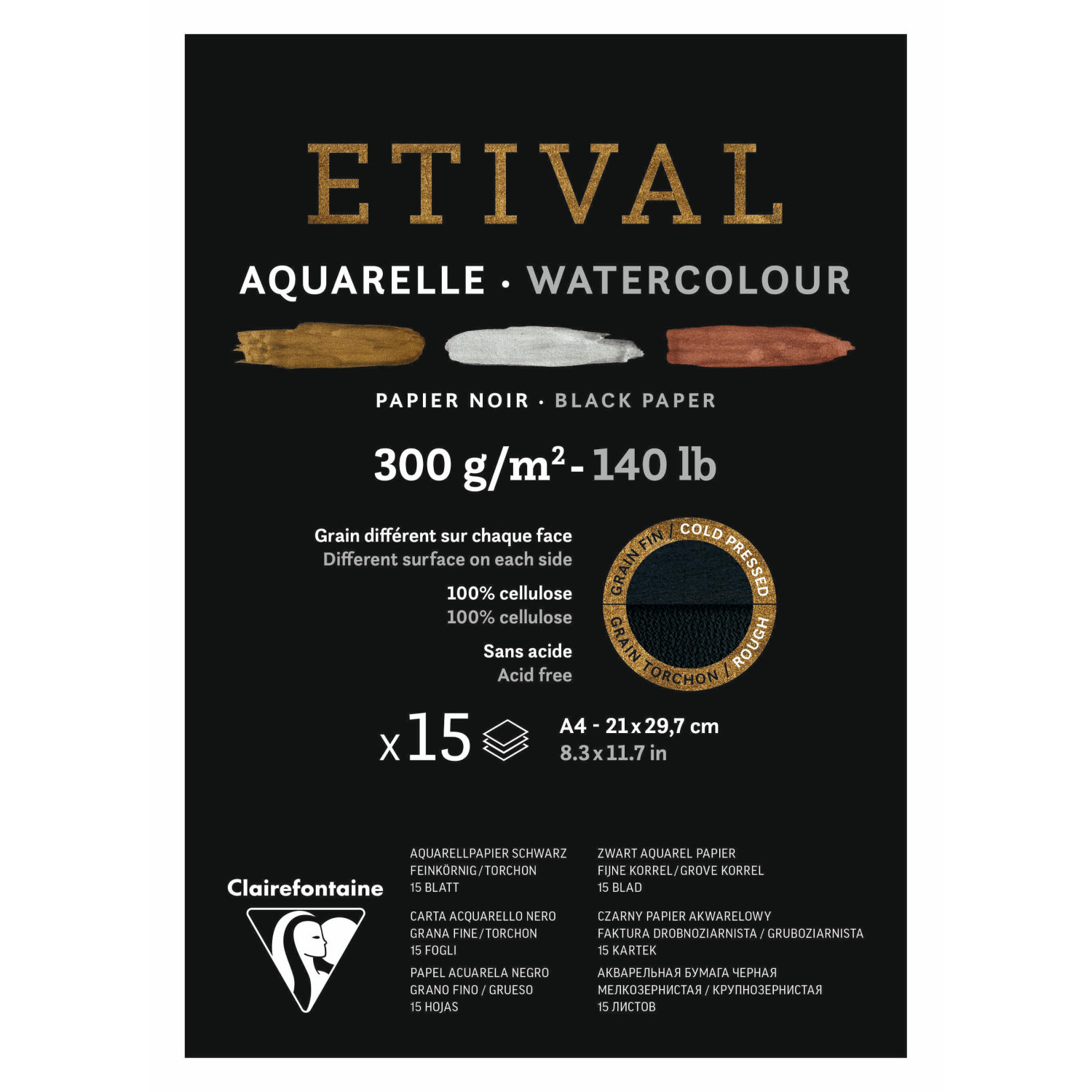 ETIVAL Black Watercolour double grain 140lb pad A4/8.3x11.7' pad 15sh G1
