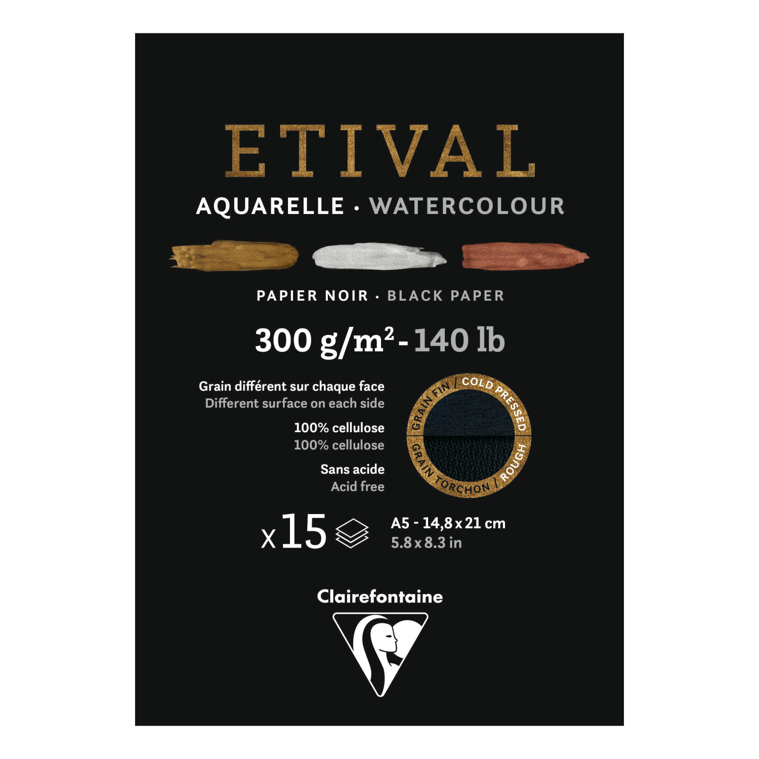 ETIVAL Black Watercolour double grain 140lb pad A5/5.8x8.3' pad 15sh G1