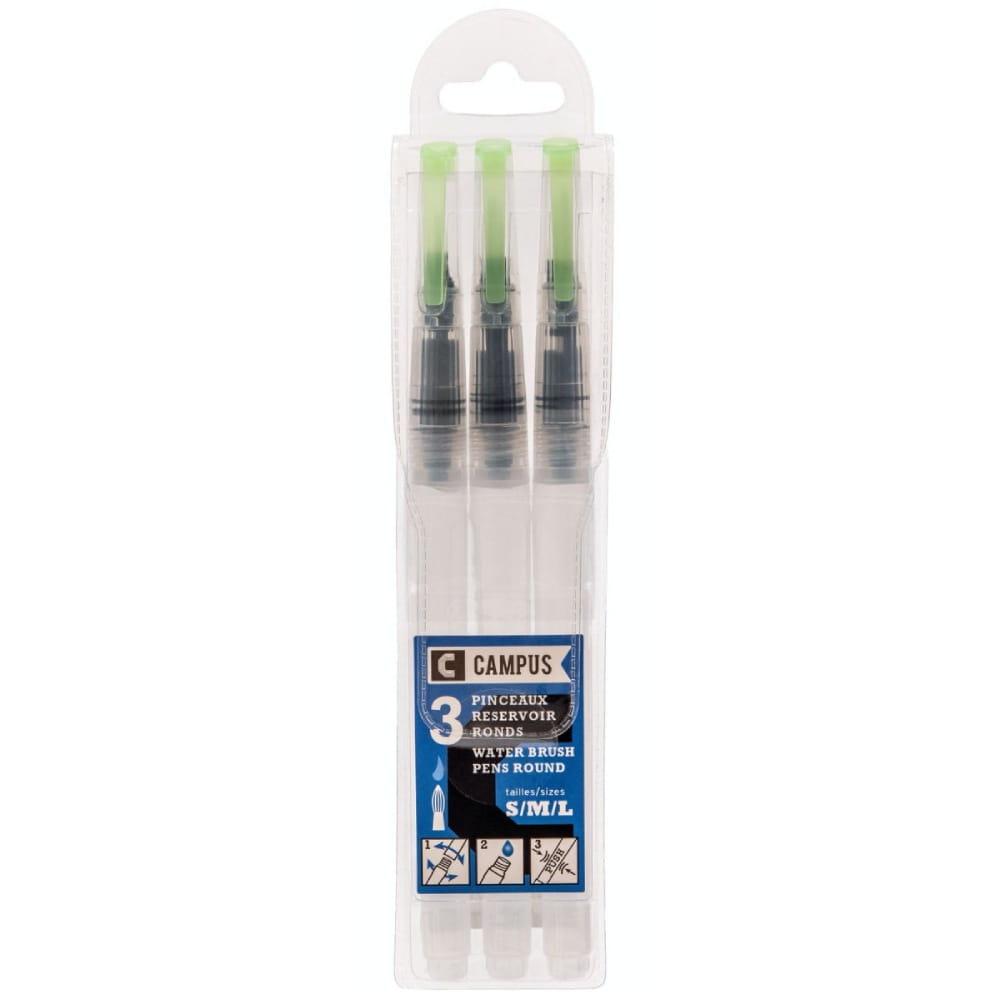 Campus 3 waterpenselen met reservoir, korte steel, vorm Rond