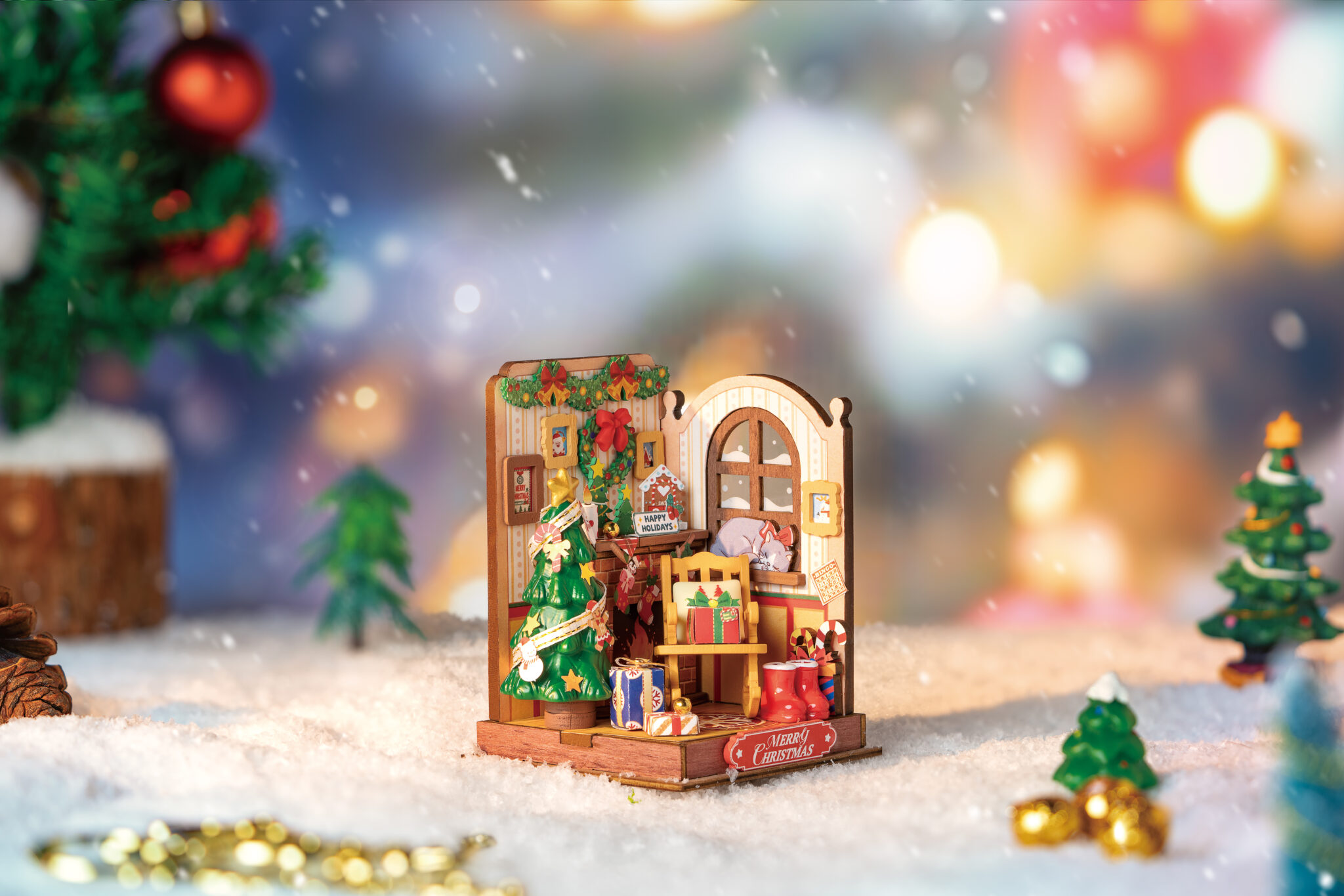 AB DIY Robotime, Huisje Christmas (Kerst) Fireplace (Openhaard), 7x7x9,5cm - Afbeelding 1