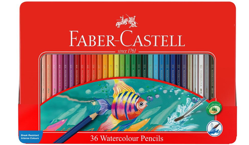 Aquarelpotlodenset Faber Castell met penseel in metalen doos 36 stuks