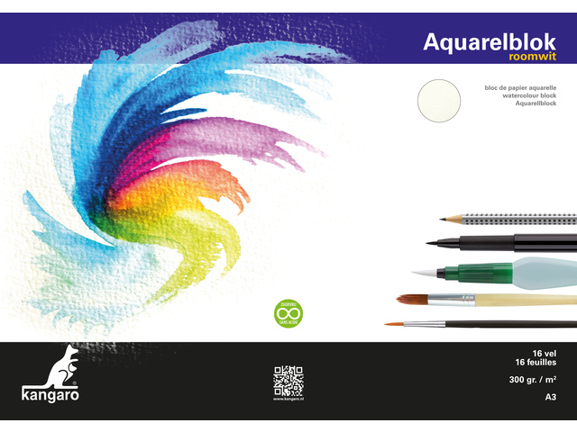 Aquarelpapier Kangaro blok A3 300 grams 16 vel, roomwit 3   zijden gelijmd