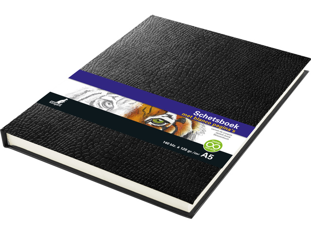 Schetsboek Kangaro A5 creme 120 grams blanco papier, 140    blz hard cover imprint slang, zwart