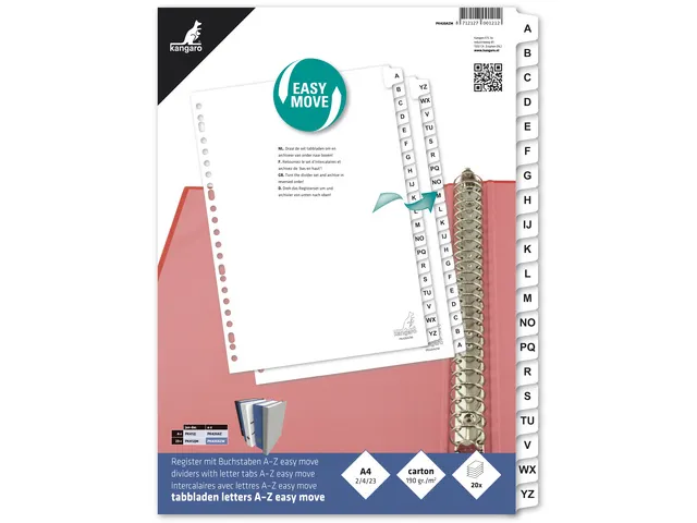 Tabblad Kangaro A4 letters karton 190grs wit 4-gaats 20-delig A-Z
