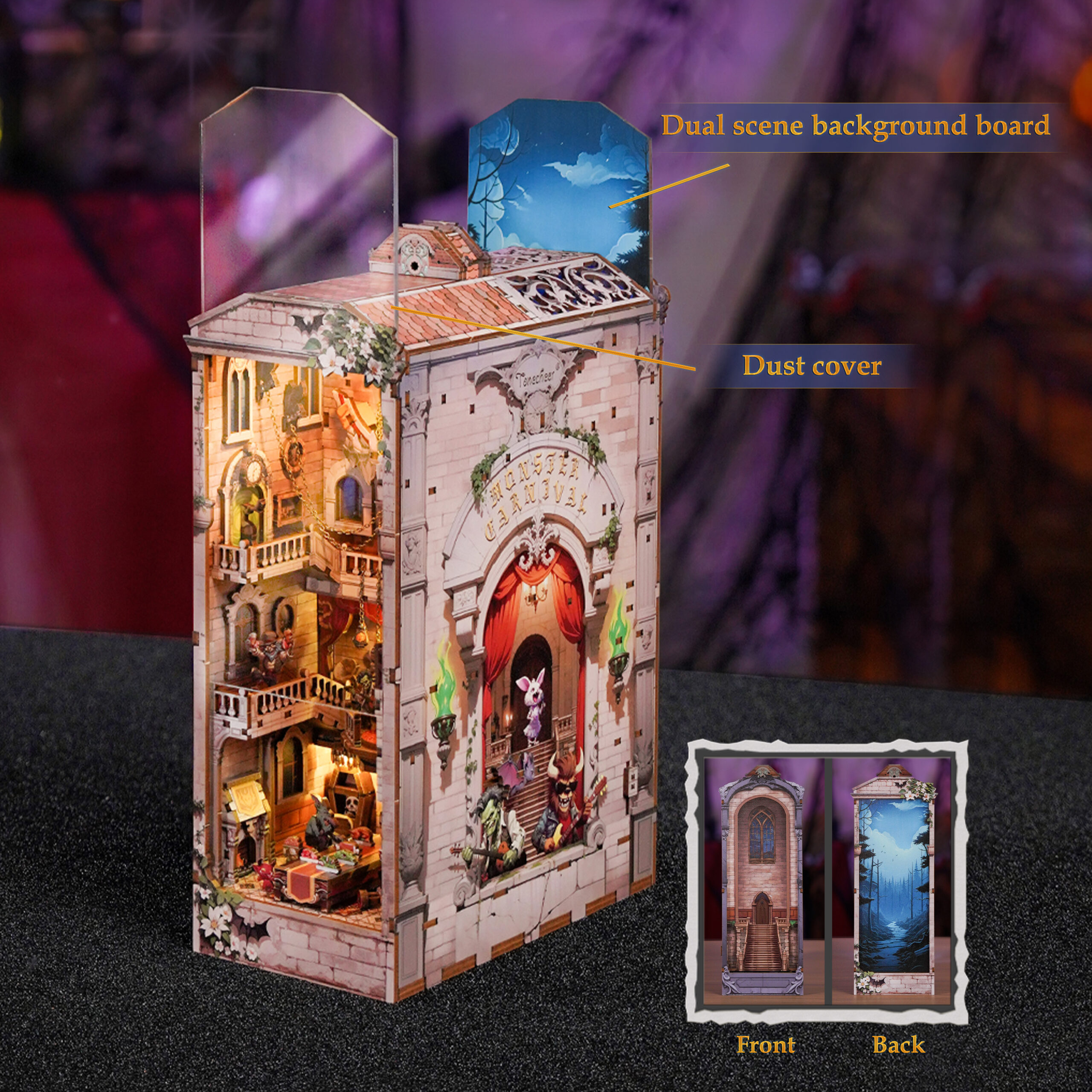 AB DIY Tonecheer, Book Nook Dubbelzijdig, Monster Carnival, 10,7×18,2×28,3 cm - Afbeelding 2