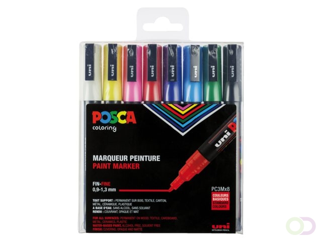 Posca Etui met 8 Markers met conische punt fijn, Zwart - Wit - Rood - Donkerblauw - Geel - Donkergroen - Roze - Lichtblauw