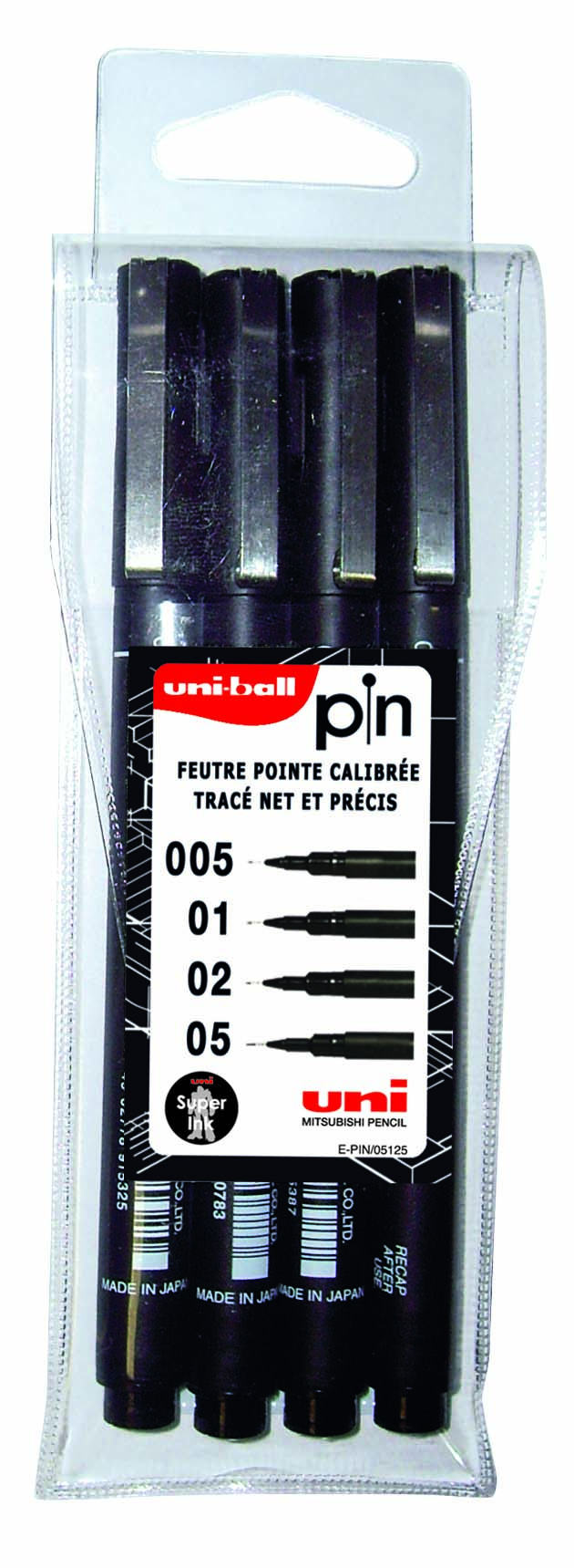 Pin Highlighters - etui met 4 diktes 005/01/02/05 mm - zwart