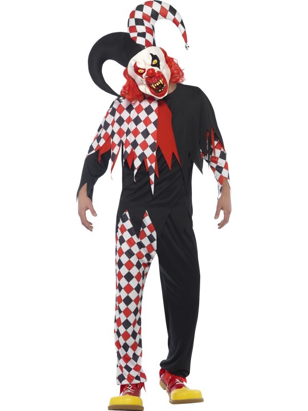 Crazed Jester Costume Black & Red with Top Trousers Latex Mask & Attached Hat Mt. M