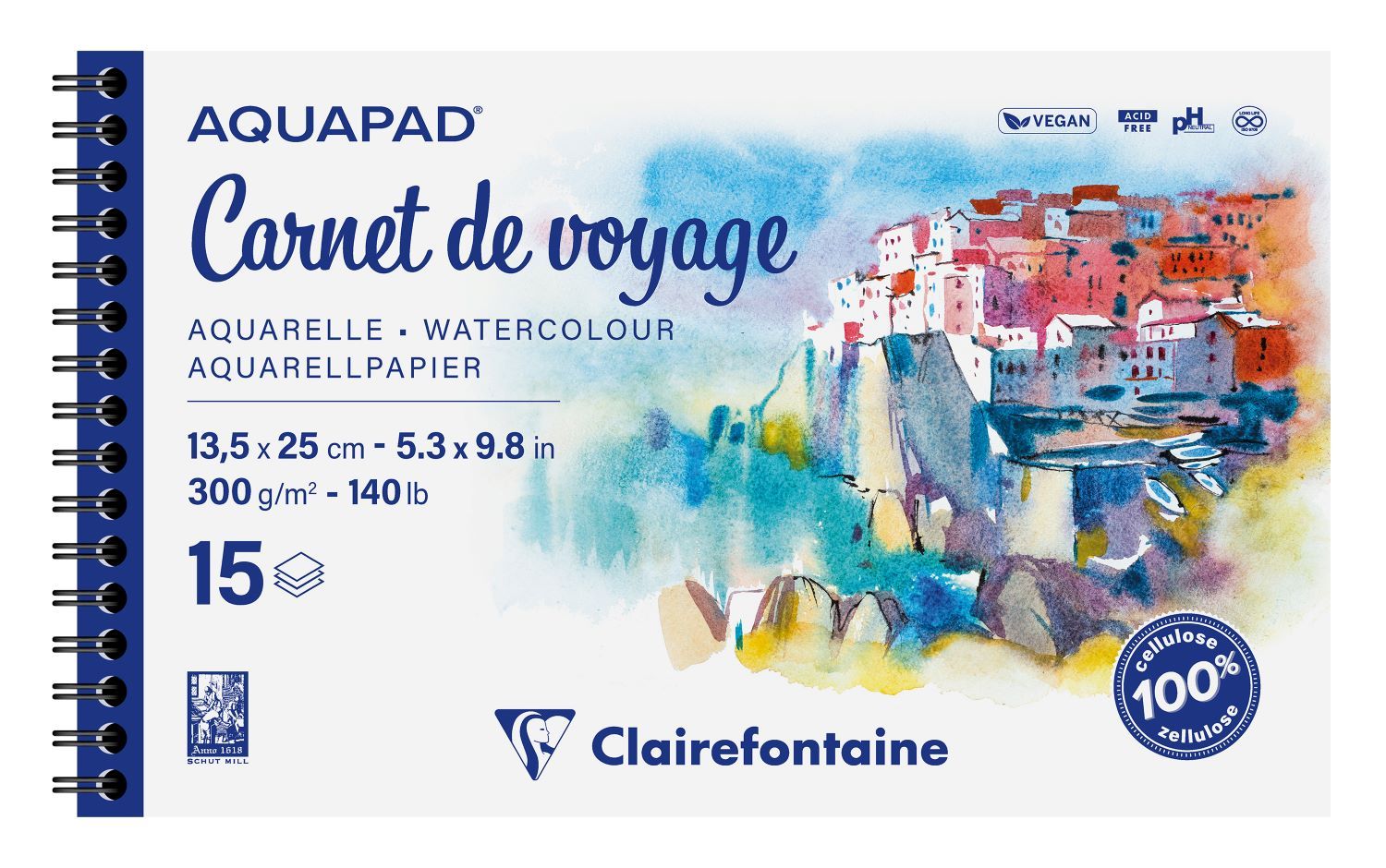 Clairefontaine Aquarelpapier Blok Met Spiraalrug Carnet De Voyage 13,5x25cm