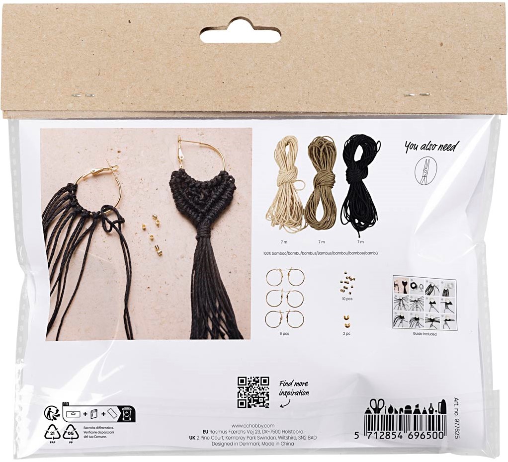 Mini Hobbyset Macramé, Oorbellen, zwart, olijfbruin, zandkleur, 1 doos - Afbeelding 2