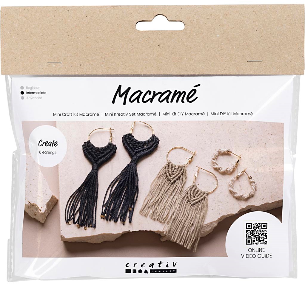 Mini Hobbyset Macramé, Oorbellen, zwart, olijfbruin, zandkleur, 1 doos