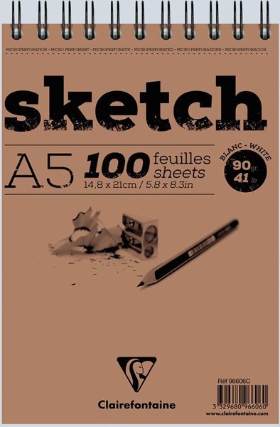 Clairefontaine Sketch pad Spiraal 90g 100vel wit A5