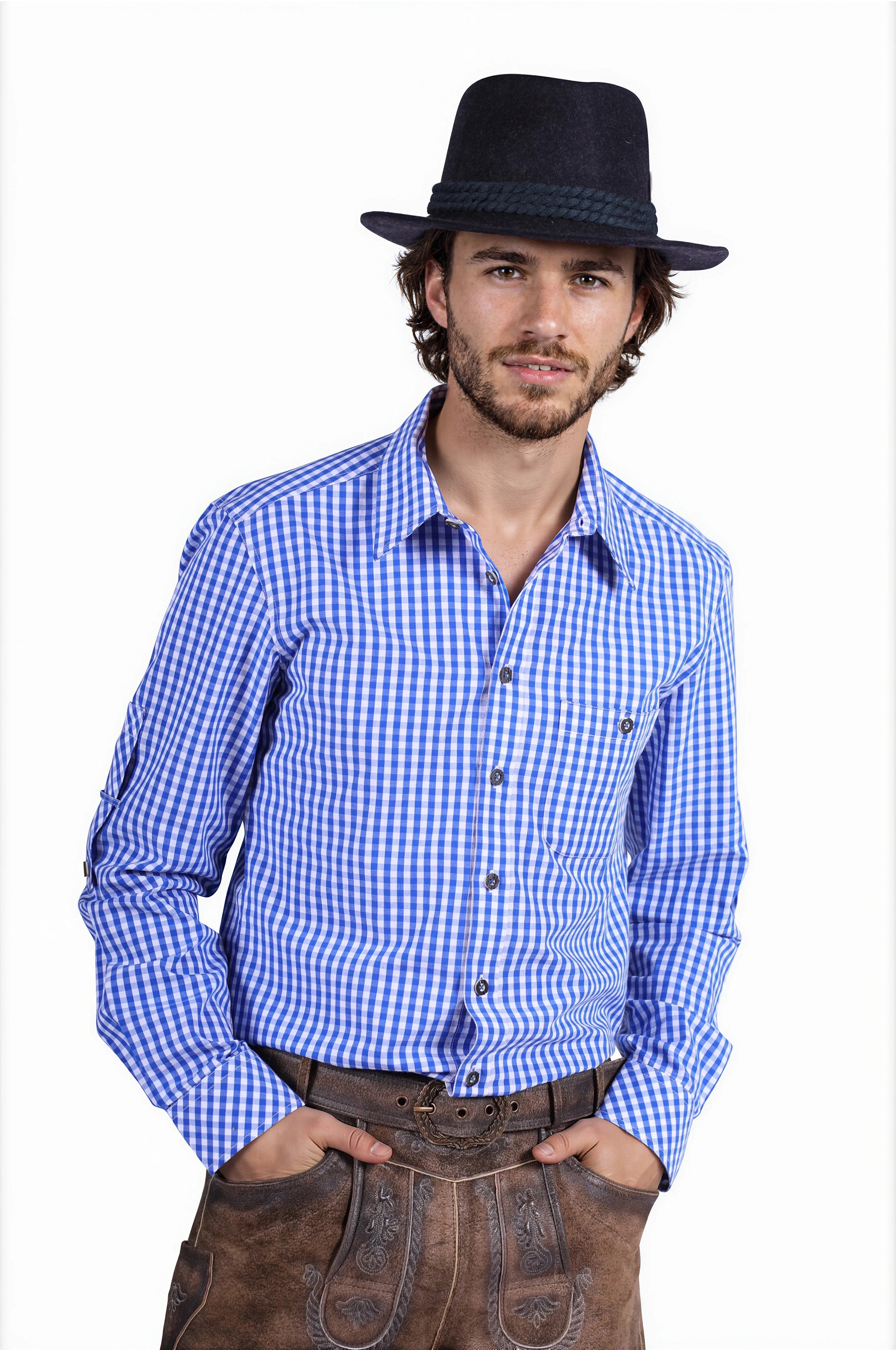 Tiroler blouse Trachtenhemd  ''Maximillian'', Blauw-Wit, Blouse 