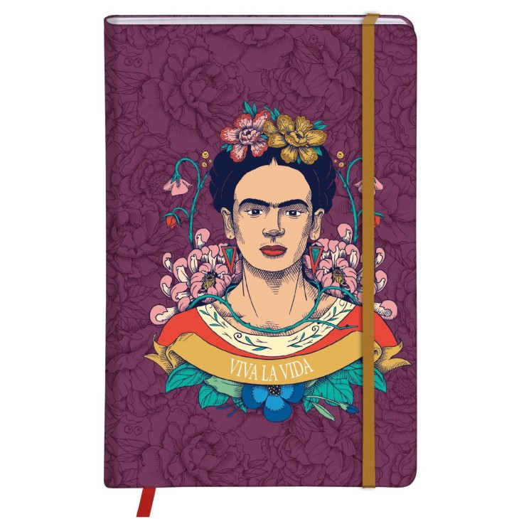 Frida Kahlo, hardcover notitieboek A5 14,8x21 cm, 160 gelijnde pagina's, bladwijzer, sluiting met elastiek, geassorteerd