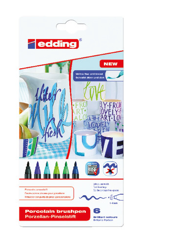 Edding 4200 porselein brushpenset 6 stuks, primaire kleuren