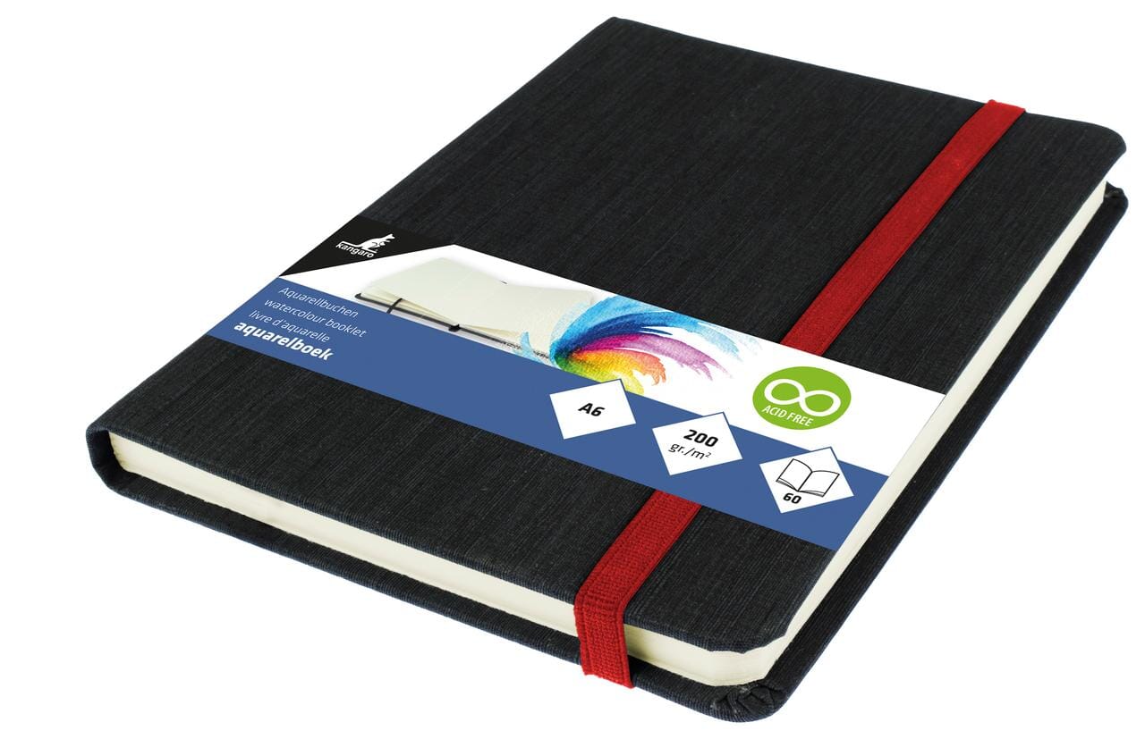 Aquarelboek Kangaro A6 luxe cover 30 vel 200 grams aquarel  papier. Leeslint en elastiek.