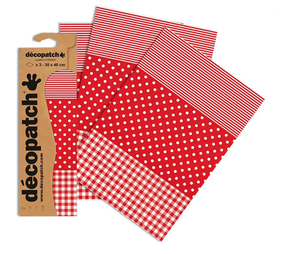 Décopatch Papier 3 Vellen Rood Wit Blokken/Stippen/Strepen 30x40cm - Afbeelding 2