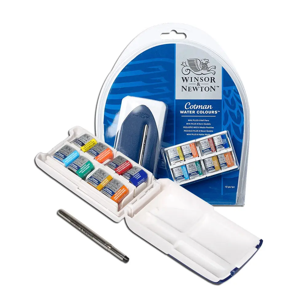 Winsor & Newton Cotman Water Colour Aquarelverf Mini Plus Set 8 halve napjes + penseel - Afbeelding 2