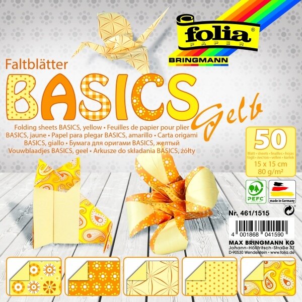 Folia Origami Vouwbladen 15x15cm 5 Motieven Geel 50vel. 80gr.