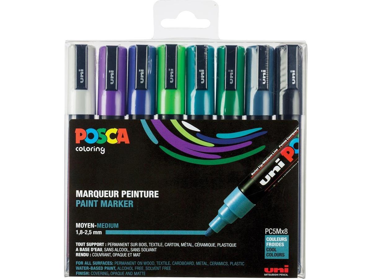 Posca Etui met 8 Markers met conische punt medium, Wit - Zwart - Grijs Lei- Smaragd Groen - Paars - Donkerblauw - Appel Groen - Donkergroen