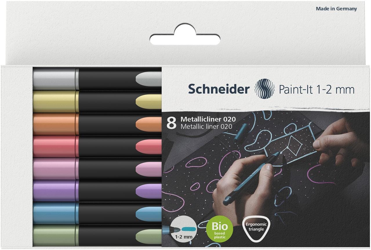 Metallic liner Schneider Paint-it 020 1-2mm etui 8st.       (metallic zilver, goud, koper,