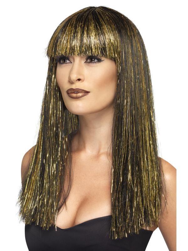 Egyptische Godin Pruik, Zwart met Gouden Highlights