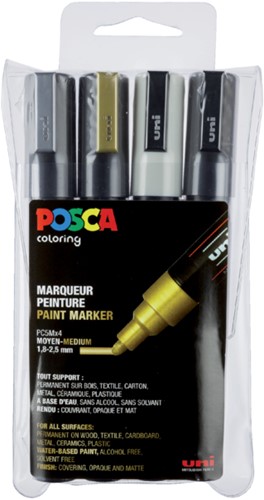Posca Etui  met 4 Markers met conische punt medium, Goud - Zilver - Wit - Zwart