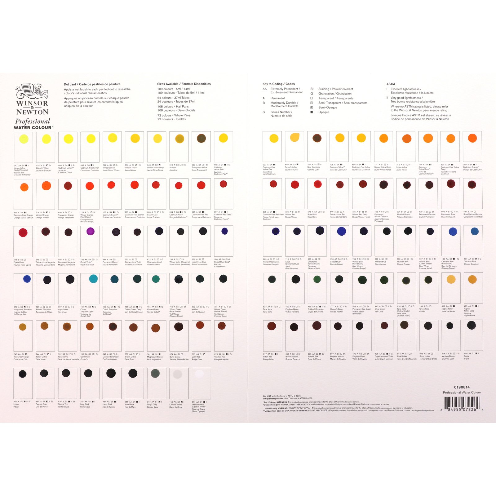 Winsor & Newton Professional Aquarelverf Dot Card 109 kleuren - Afbeelding 1